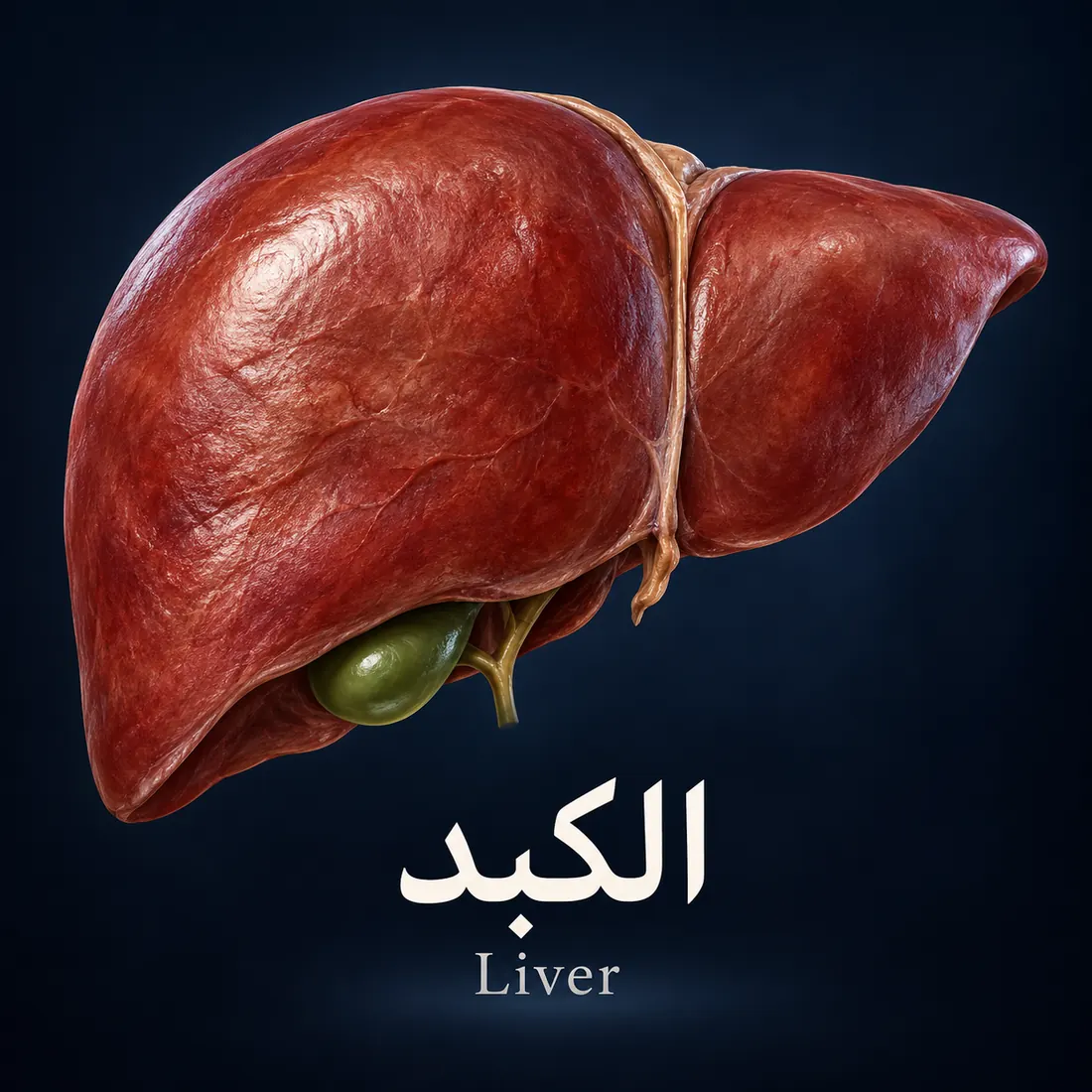 رسم للكبد من الأمام وتحته المرارة