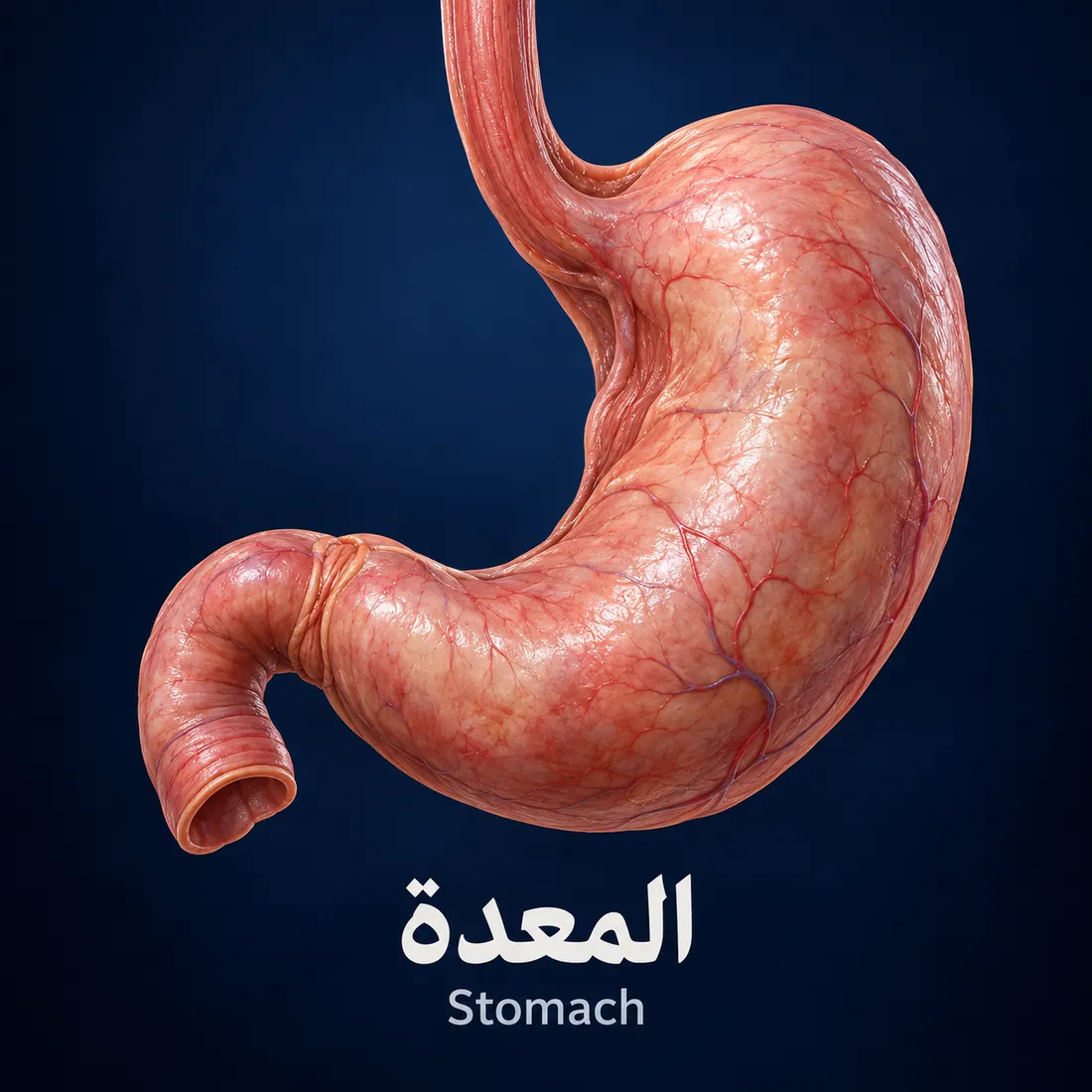 رسم للمعدة متصلة بالمريء من أعلى وبالأمعاء الدقيقة من أسفل